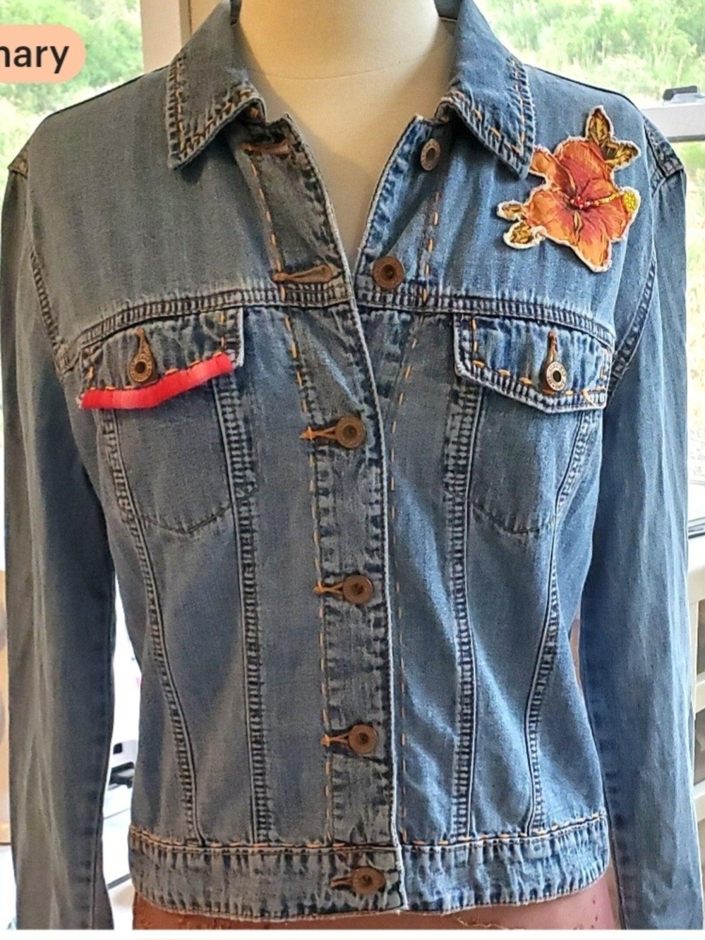 Gap Light Wash Denim Jacket with Floral Patch And Hand Embroidered Hibiscus